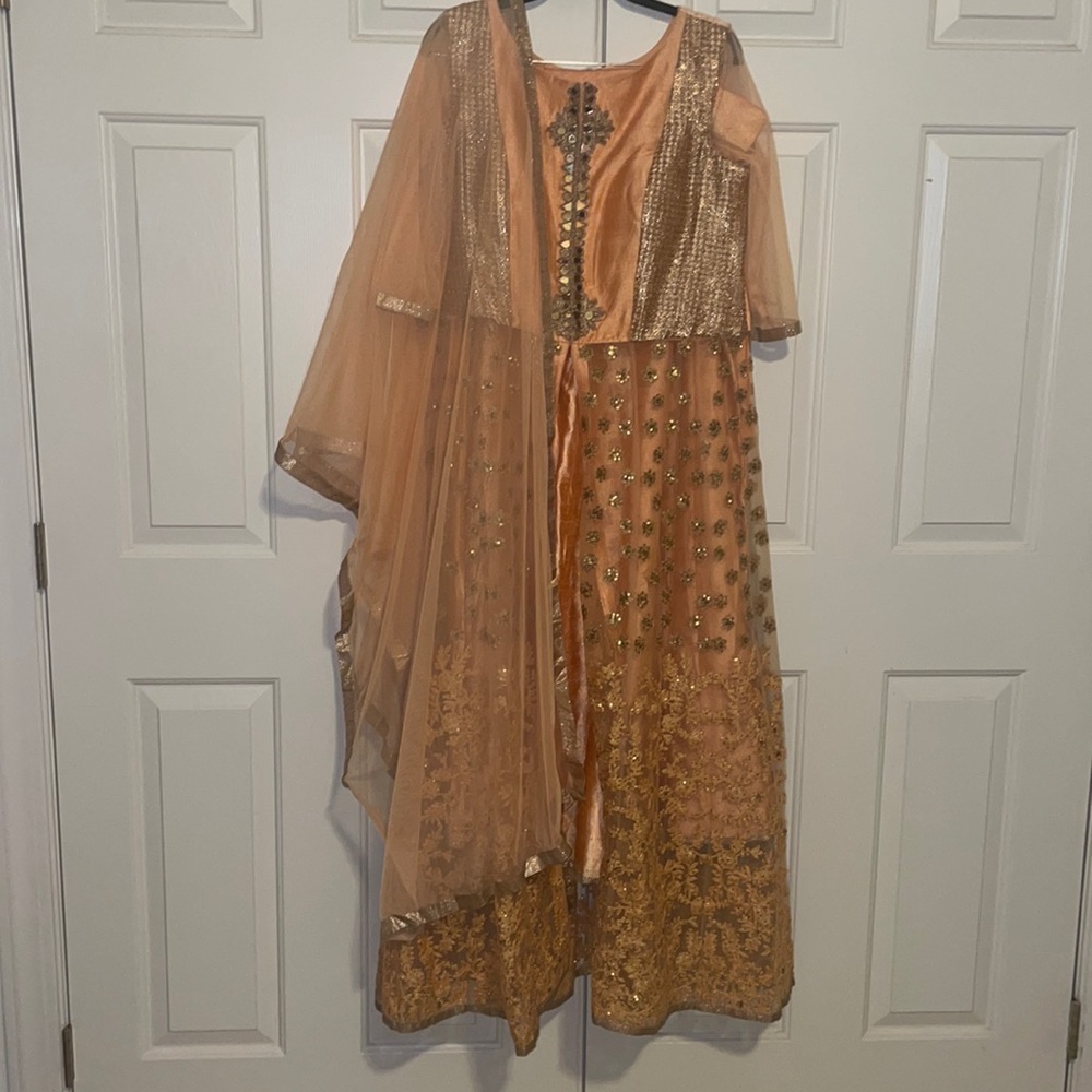 Peachy, Heavy Detailed Gown with Skirt Underneath, with Gold Embroidered